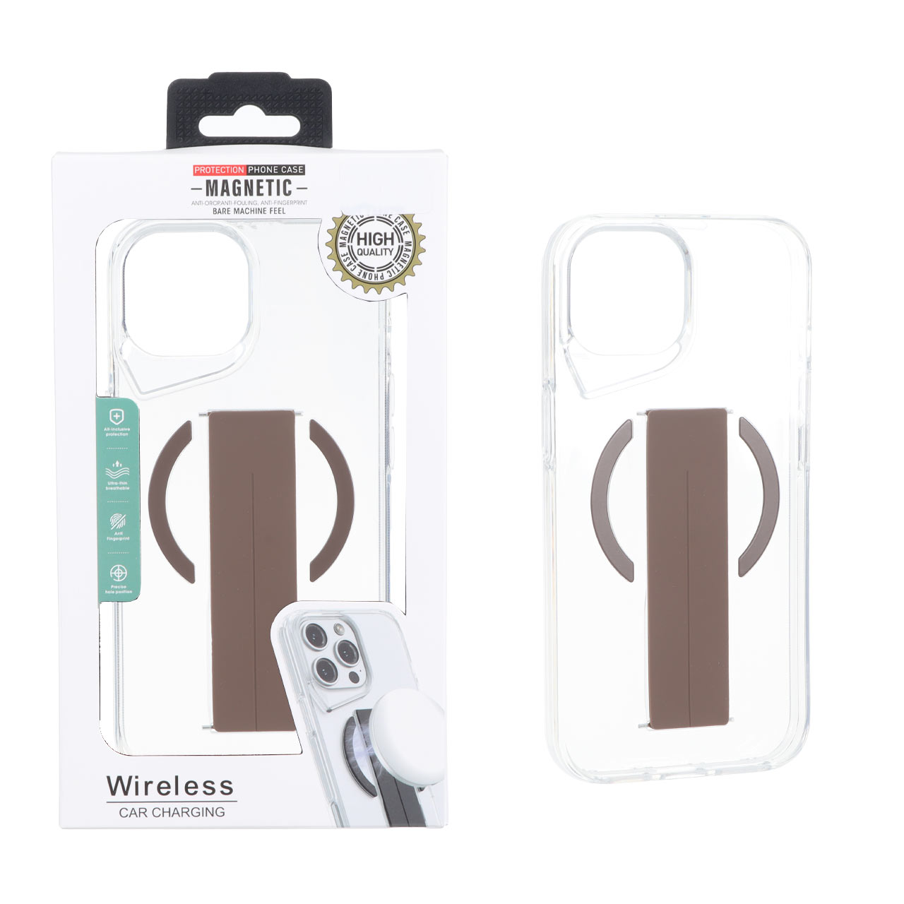 قاب ژله ای شفاف Magnetic فینگر بند سیلیکونی Apple iPhone 15 / iPhone 14 / iPhone 13 - قهوه ای (پک دار)