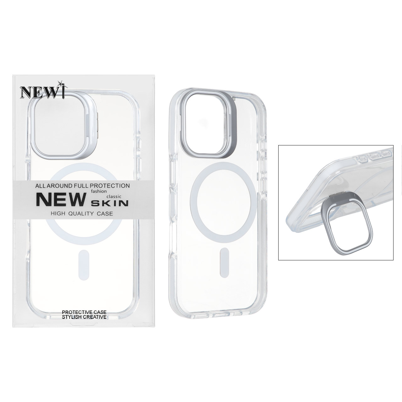 قاب اورجینال New Skin شفاف کریستالی MagSafe لنز استندشو مناسب برای آیفون ۱۷