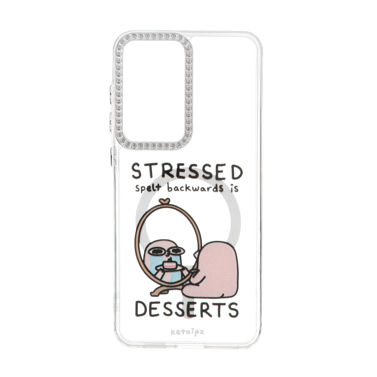 قاب ژله ای شفاف طرح STRESSED spelt backwards is DESSERTS مگ سیف با نگین دور لنز مناسب برای سامسونگ گلکسی S25 FE