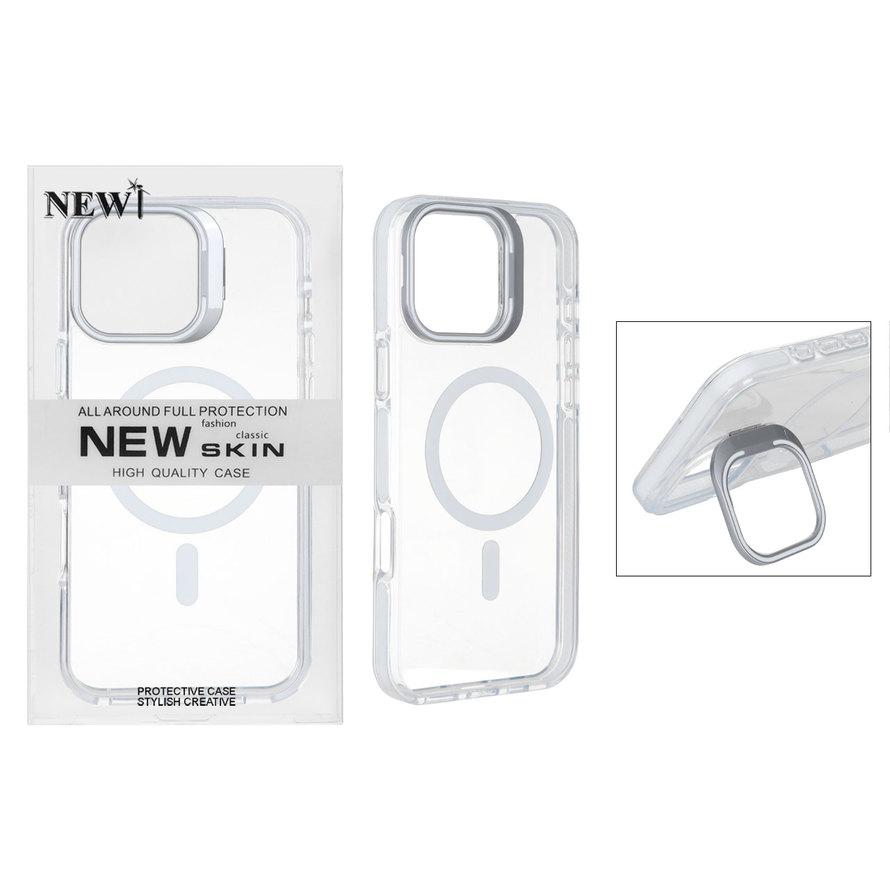 قاب اورجینال New Skin شفاف کریستالی MagSafe لنز استندشو مناسب برای آیفون ۱۶ پرو مکس