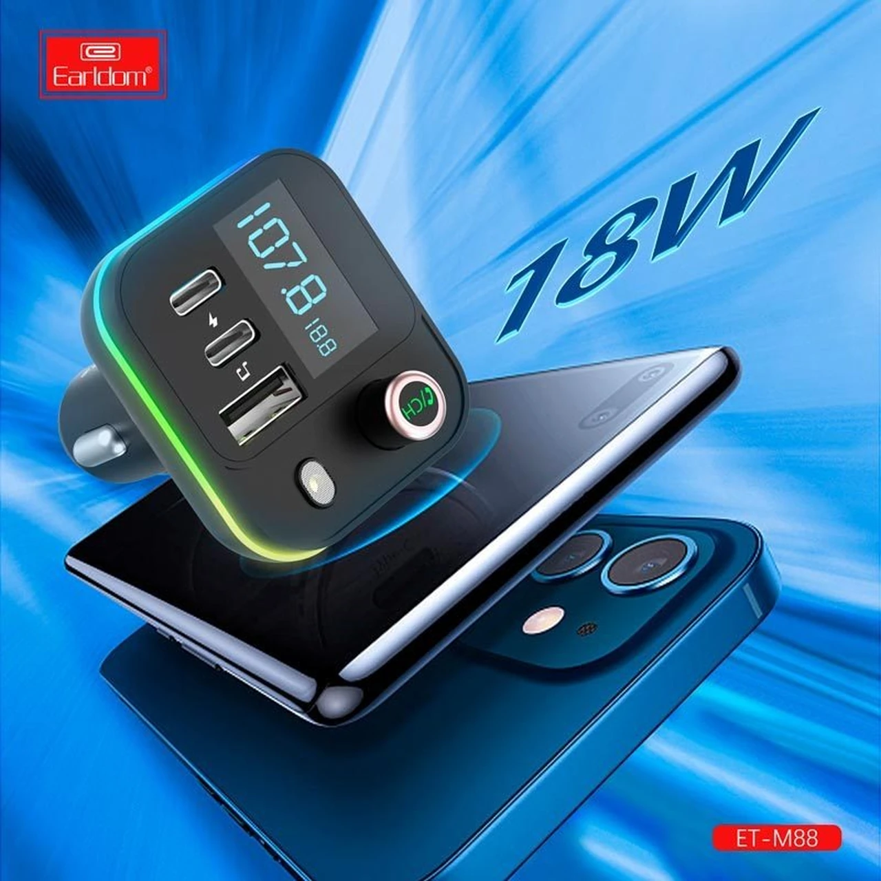 شارژر فندکی Earldom FM مدل ET-M88 با قابلیت PD، فست شارژ، سه پورت و گیرنده بلوتوثی - مشکی