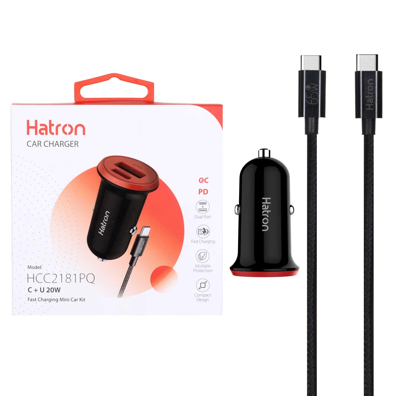 شارژر فندکی فست و PD دو پورت Hatron مدل HCC2181PQ 20W به همراه کابل شارژ Type-C