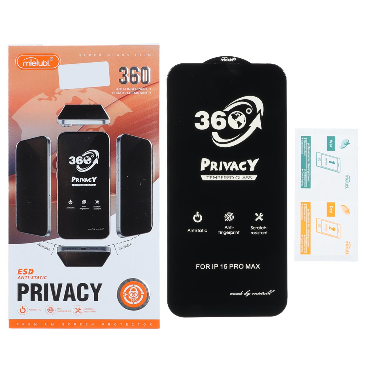 محافظ صفحه نمایش شیشه ای Mietubl 360 Privacy فول کاور مناسب برای آیفون ۱۵ پرو مکس