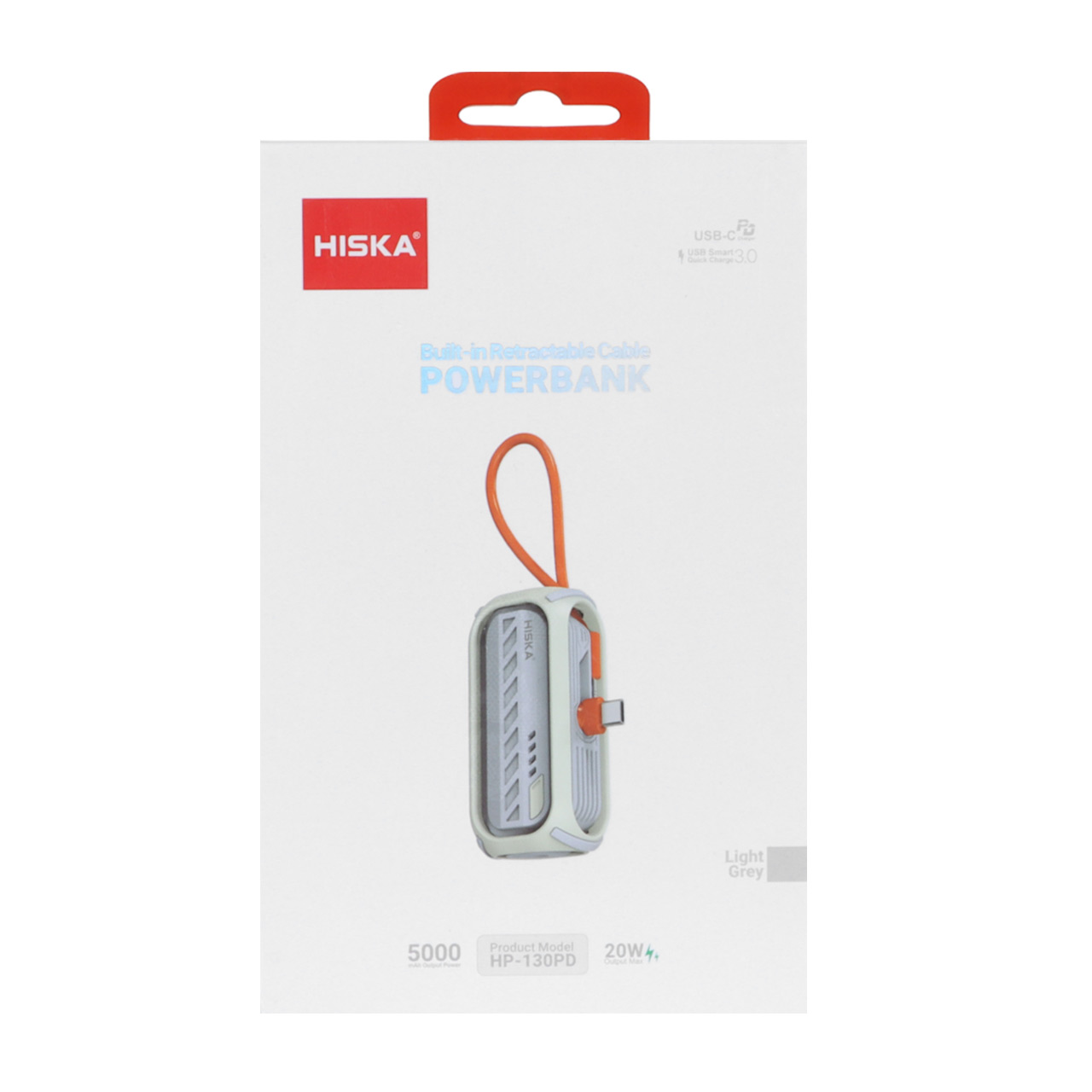 پاوربانک 20 وات 5000 میلی آمپر (PD و فست شارژ) Hiska مدل HP-130PD - خاکستری روشن