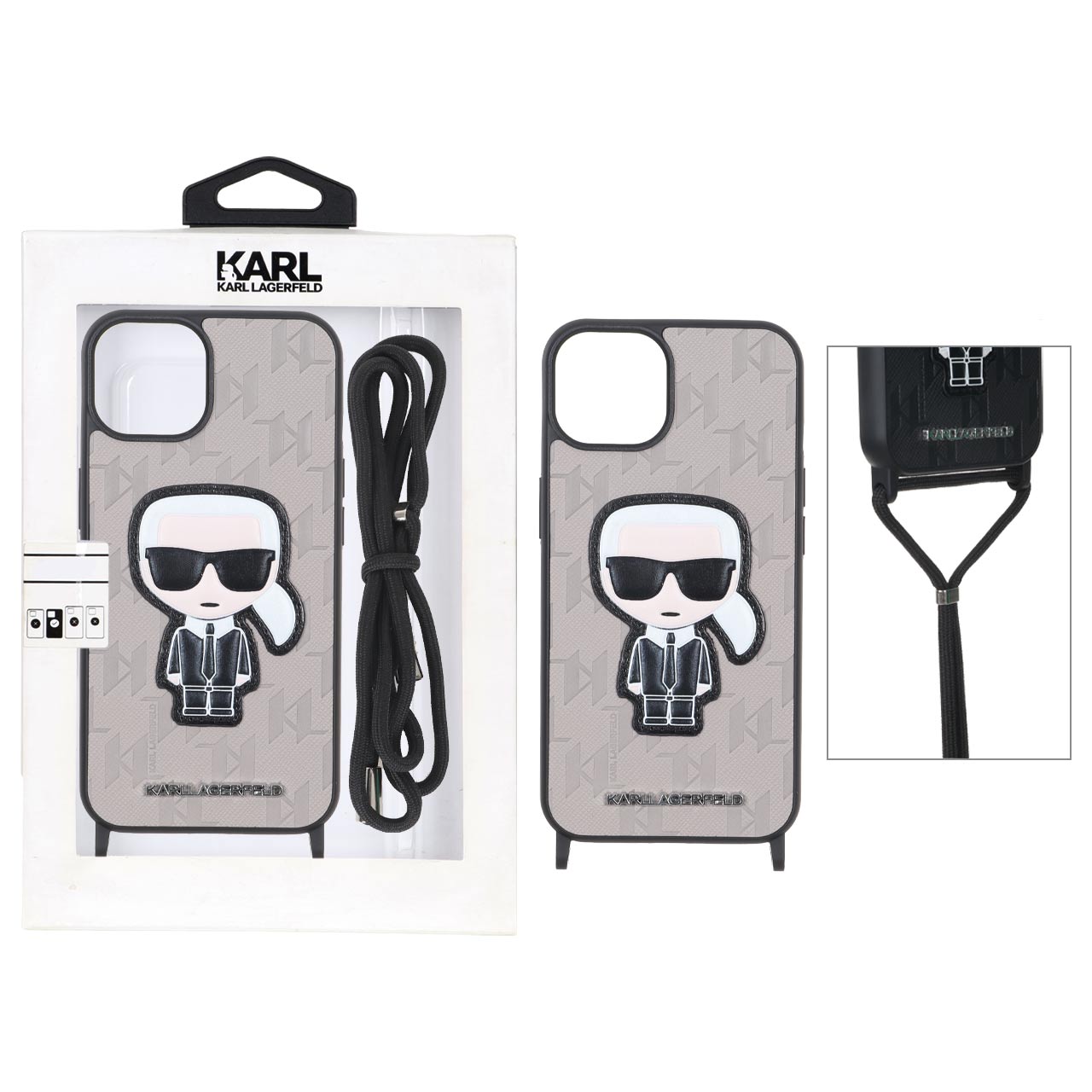 قاب طرح Karl چرمی با بند آویز گردنی خاکی مناسب برای آیفون 13 و آیفون 14