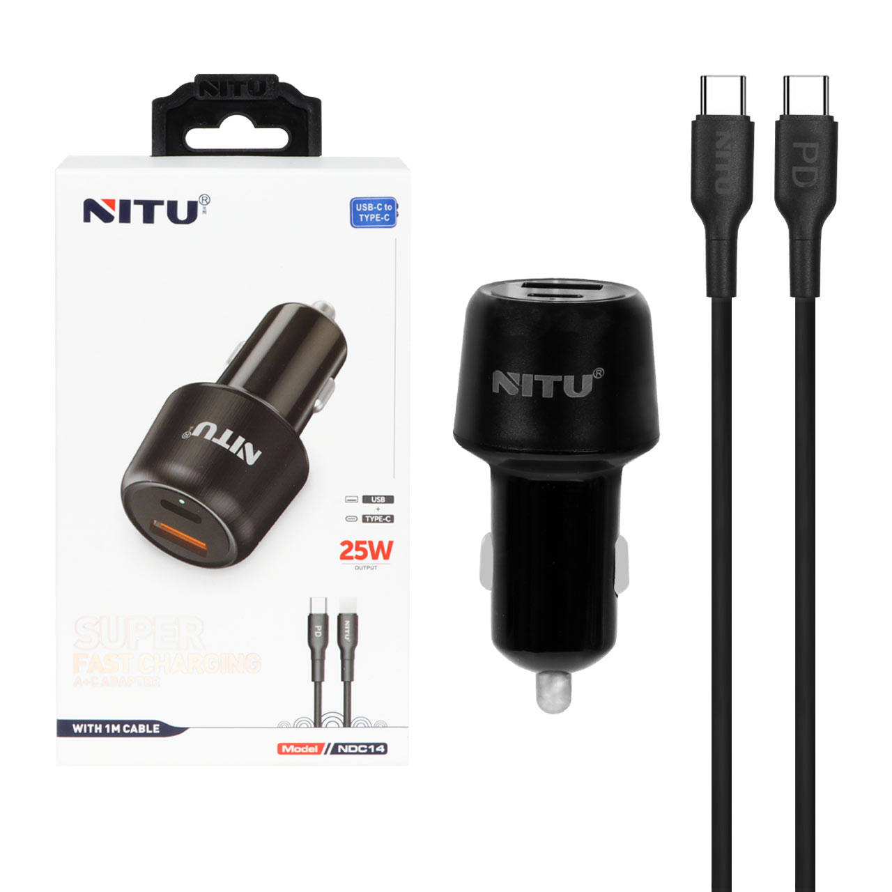 شارژر فندکی فست شارژ و PD دو پورت NITU مدل NDC14 25W همراه با کابل Type-C به Type-C مشکی