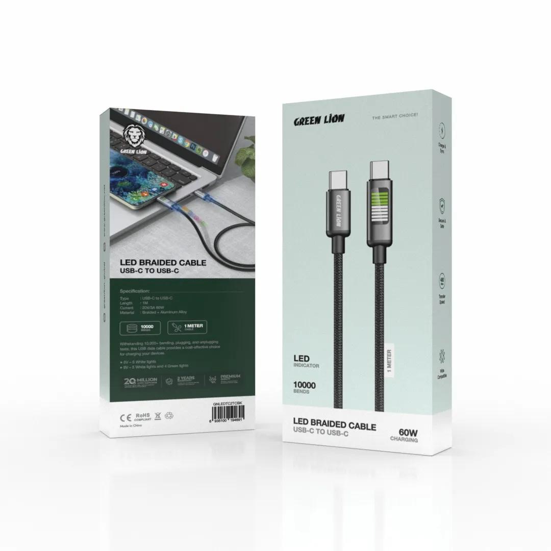 کابل شارژ PD و فست Green Lion Type-C To Type-C مدل GNLEDTC2TCBK 60W مشکی