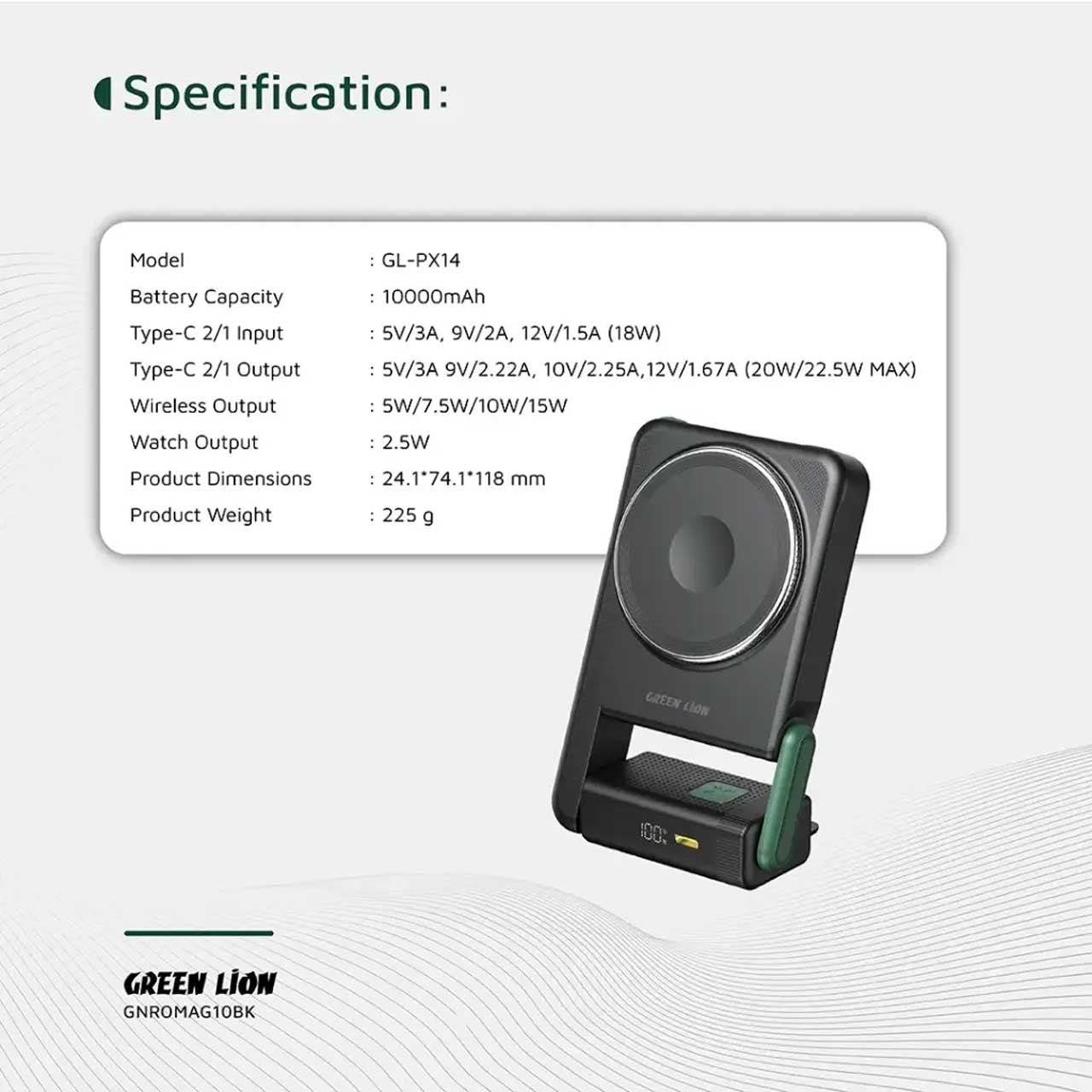 پاوربانک مگ سیف Green Lion Rotex مدل GNROMAG10BK با ظرفیت 10000mAh و توان 22.5W مشکی