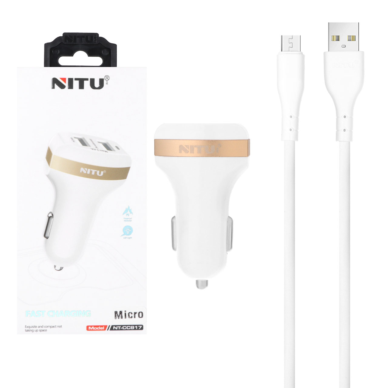 شارژر فندکی فست Nitu مدل CC817 12W با دو پورت USB همراه کابل Micro USB سفید