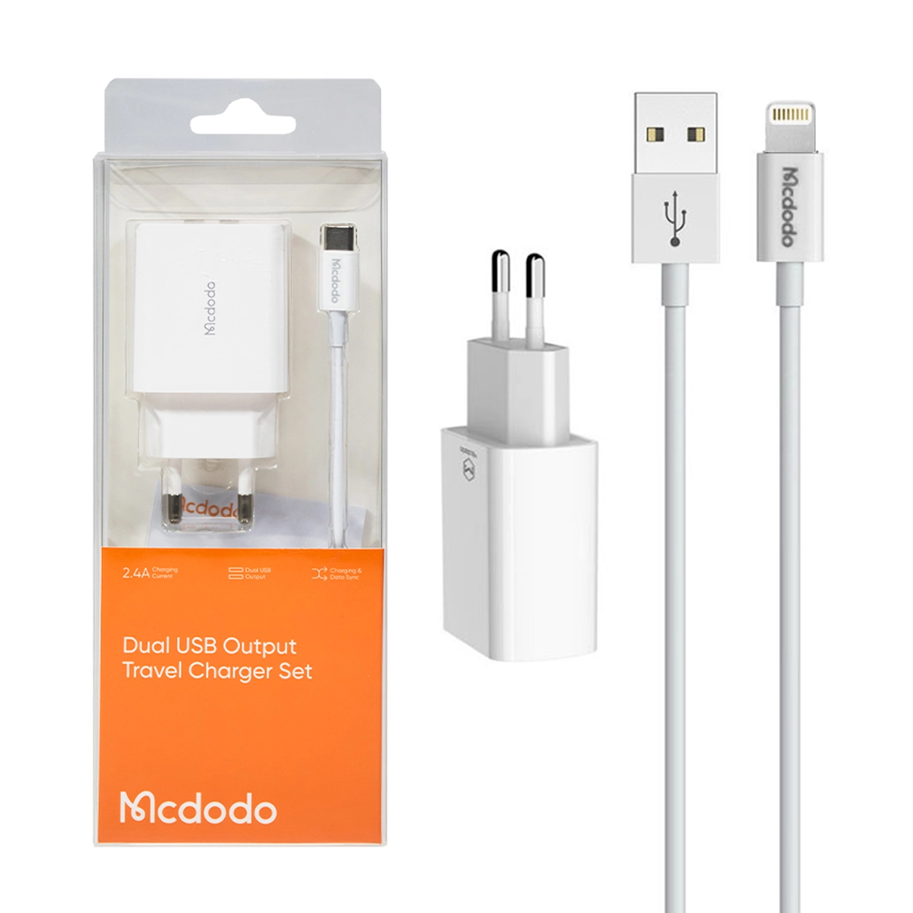 شارژر دیواری فست Mcdodo مدل CH-6720 با دو پورت USB و کابل لایتنینگ 12 وات - سفید