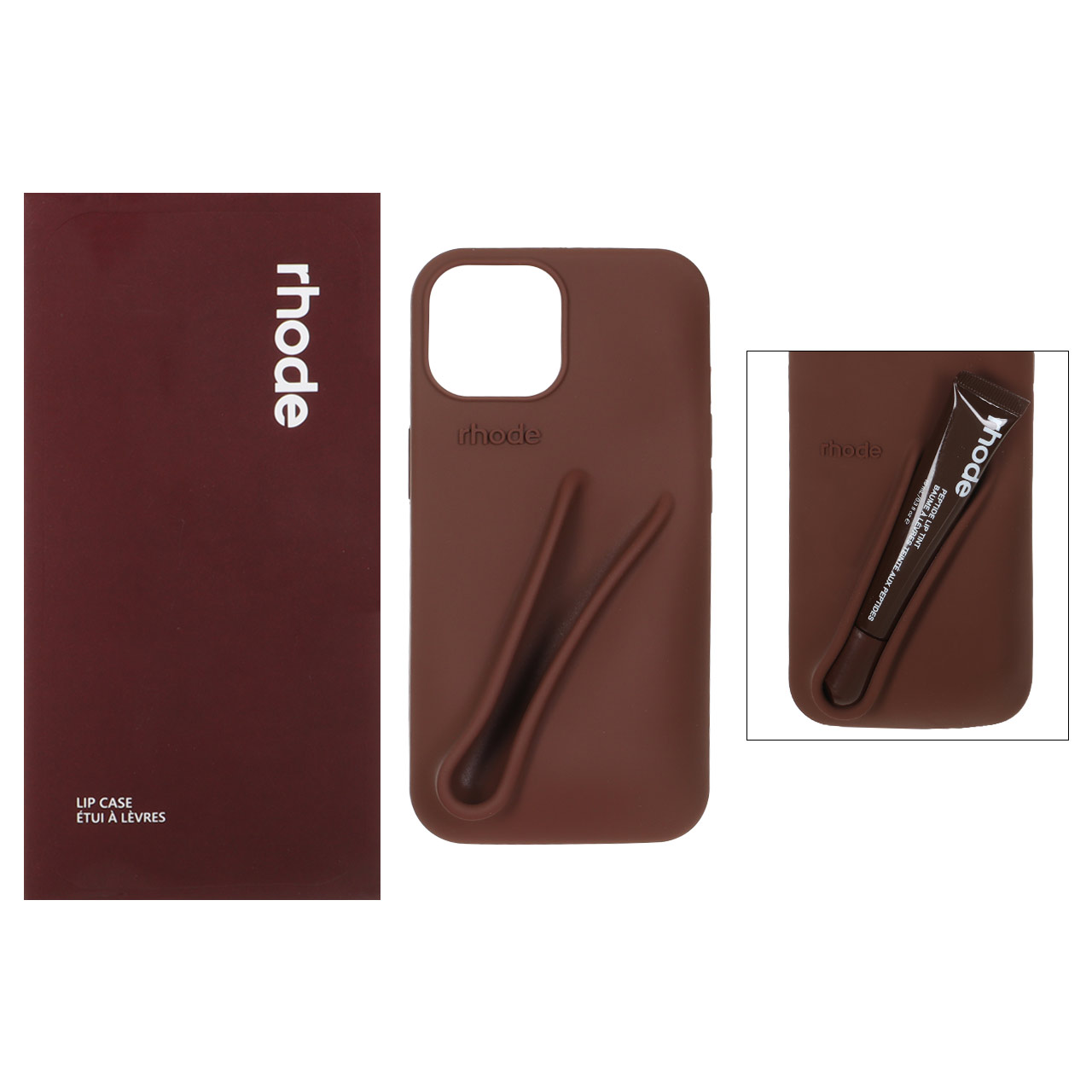 قاب سیلیکونی پاک کنی اورجینال rhode با ست لیپ گلاس Apple iPhone 15 / iPhone 14 / iPhone 13 - قهوه ای