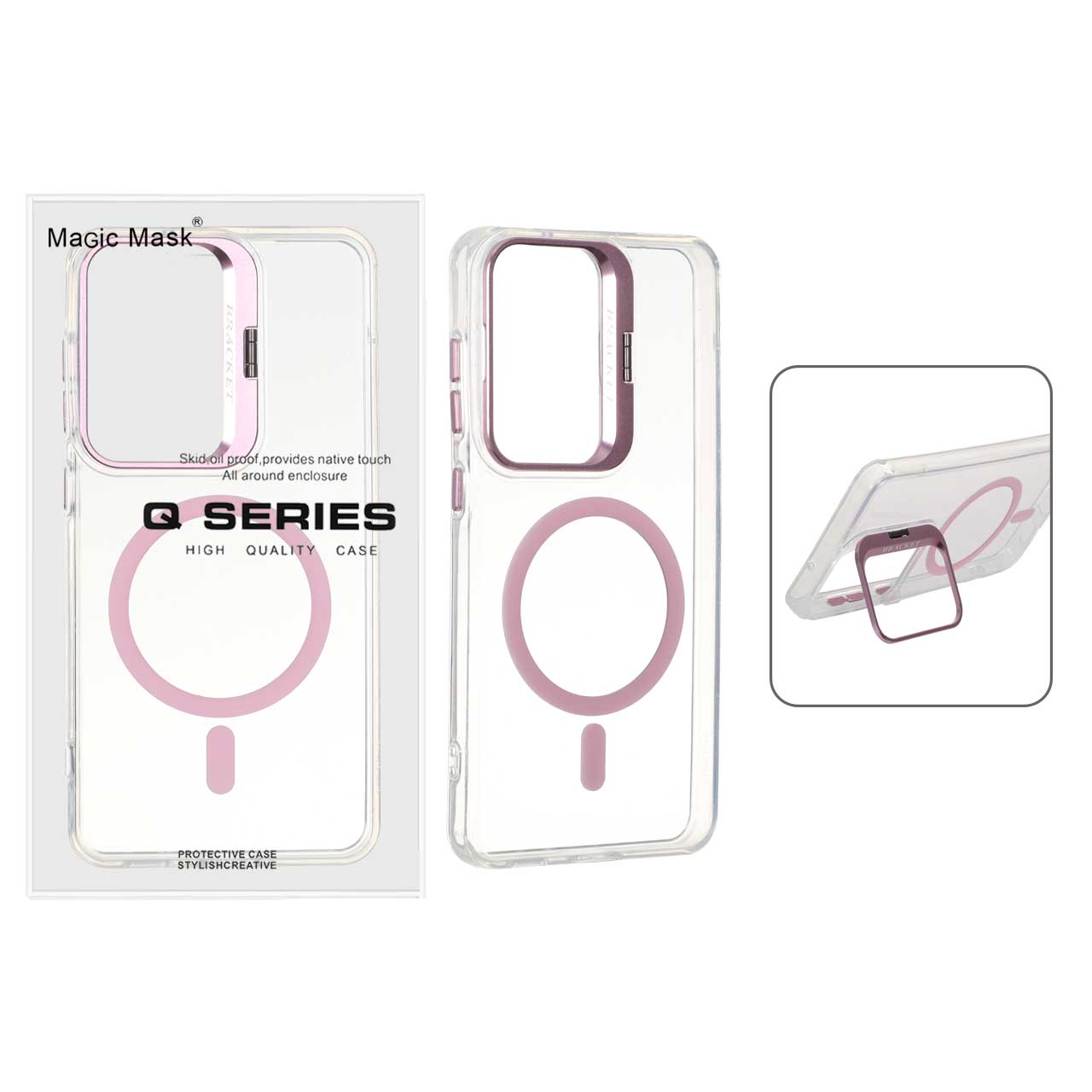 قاب اورجینال Q Series Bracket کریستالی مگ‌سیف لنز استندشو مناسب برای سامسونگ گلکسی S21 FE صورتی