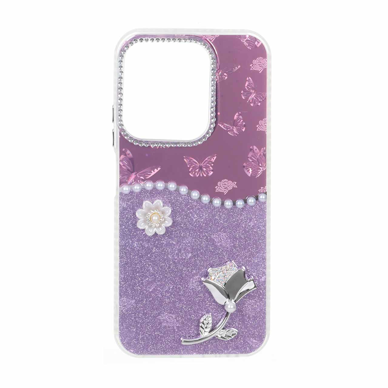 قاب طرح شاین پروانه ای گل برجسته نگین دار سرخابی مناسب برای شیائومی ردمی 15C و پوکو C85
