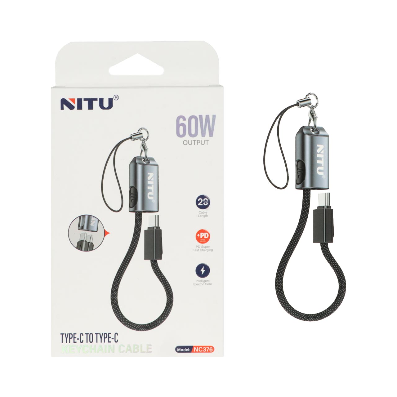 کابل شارژ فست Nitu Type-C به Type-C مدل NC376 به همراه جاسوئیچی 60 وات مشکی