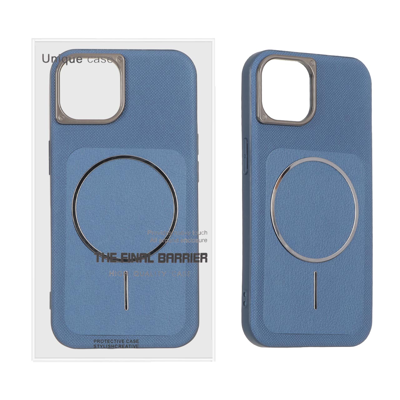 قاب اورجینال Unique Case چرمی سوزنی Magsafe فلزی Apple iPhone 13 / iPhone 14 - سرمه ای (پک دار)