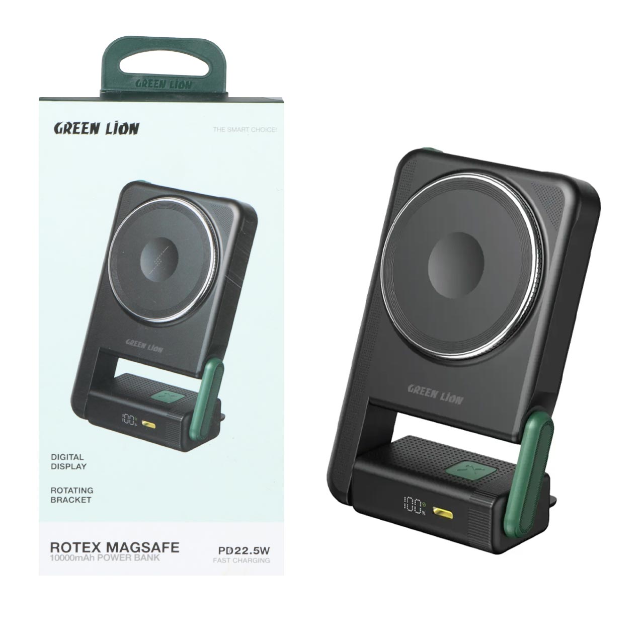 پاوربانک مگ سیف Green Lion Rotex مدل GNROMAG10BK با ظرفیت 10000mAh و توان 22.5W مشکی