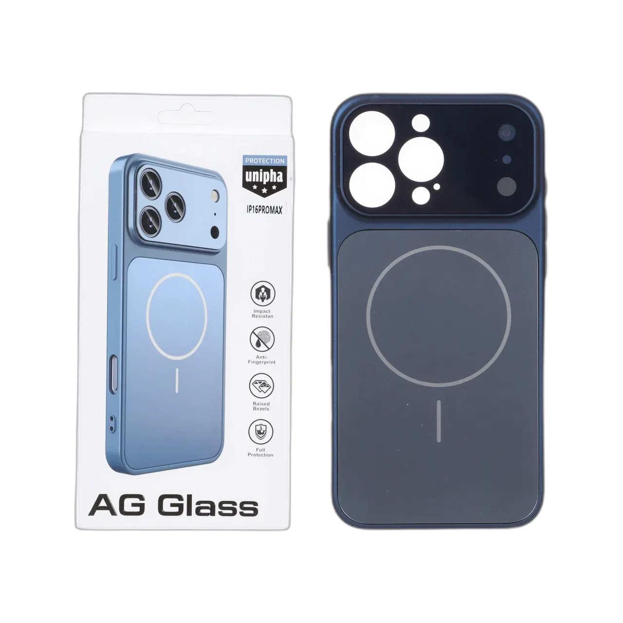قاب اورجینال AG Glass محافظ لنز برجسته شیشه‌ای مگ‌سیف سرمه‌ای مناسب برای آیفون 16 پرو مکس
