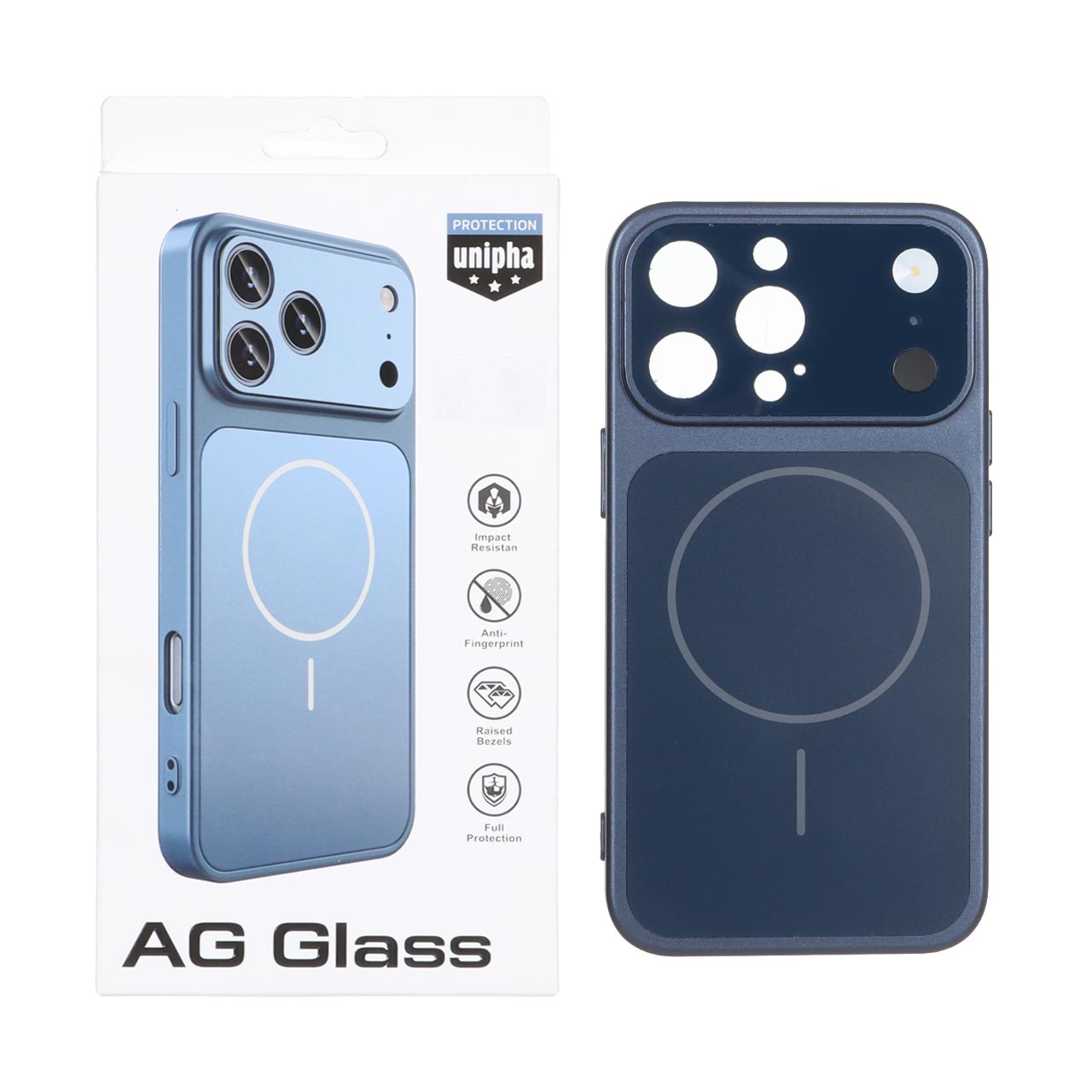 قاب طرح AG Glass محافظ لنز برجسته براق مگ سیف سرمه‌ای مناسب برای آیفون 13 پرو