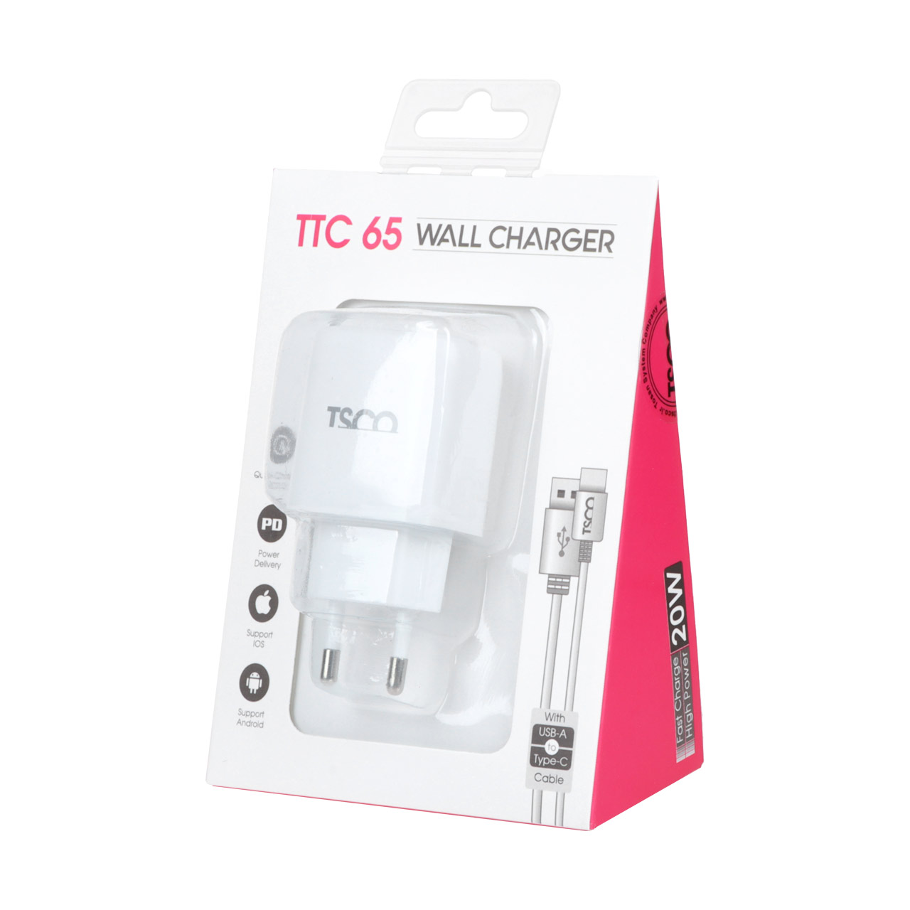 شارژر دیواری 20 وات PD و فست دو پورت TSCO مدل TTC 65 همراه با کابل شارژ TYPE-C - سفید