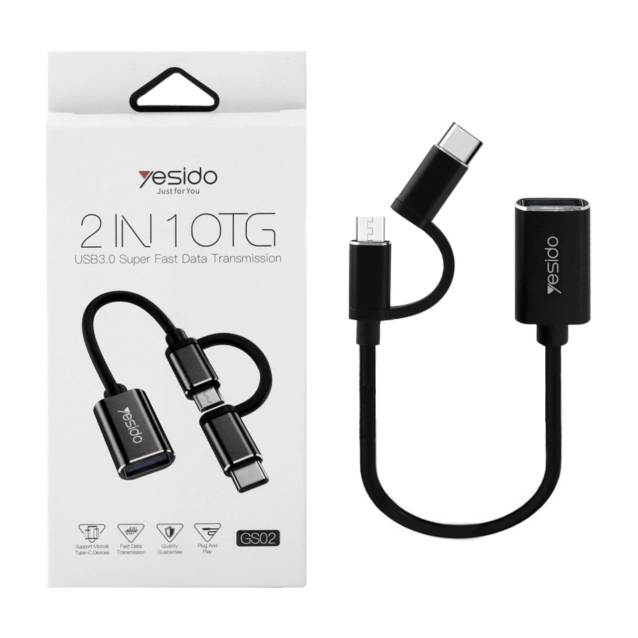 کابل تبدیل OTG یسیدو مدل GS02 دو کاره (Micro USB و Type-C) مشکی با گارانتی 18 ماهه