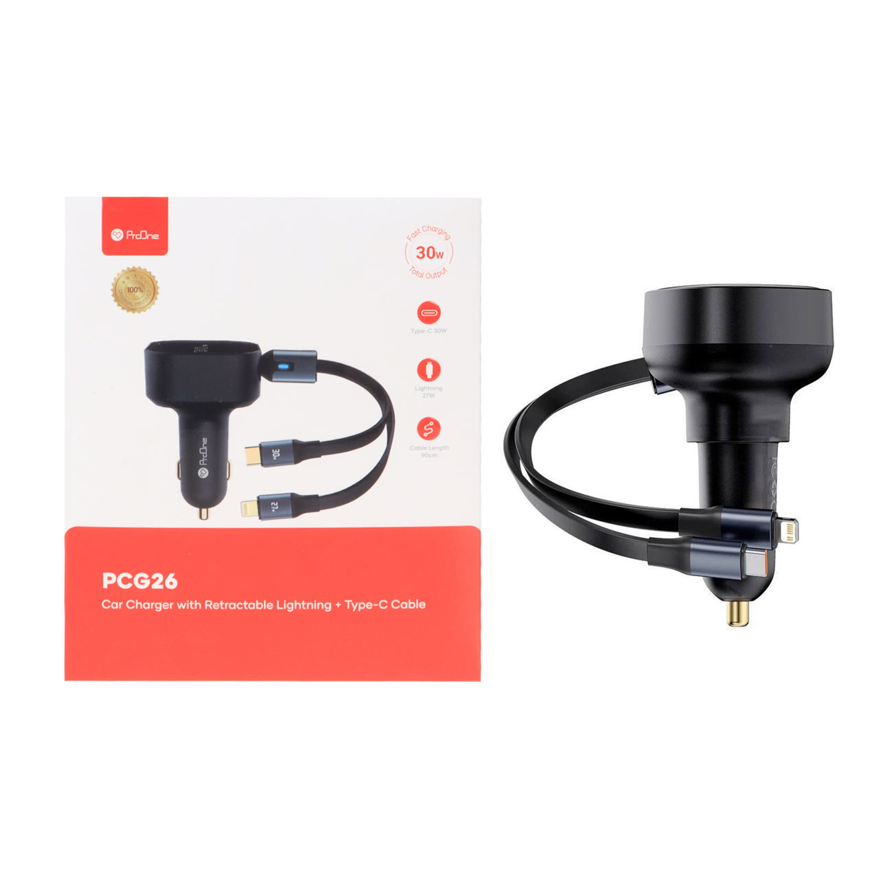 شارژر فندکی فست و PD دو پورت ProOne مدل PCG26 به همراه کابل متصل