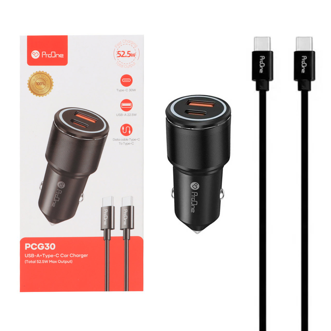 شارژر فندکی فست دو پورت ProOne مدل PCG30 به همراه کابل شارژ Type-C To Type-C