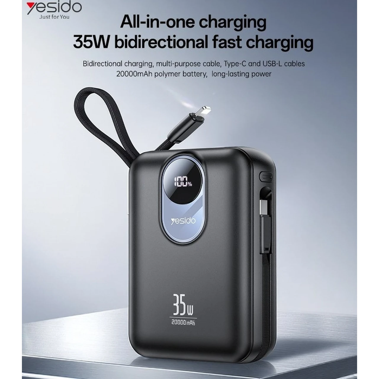 پاوربانک فست شارژ 35 وات Yesido YP94 با ظرفیت 20000mAh و کابل داخلی لایتنینگ و Type-C - رنگ مشکی