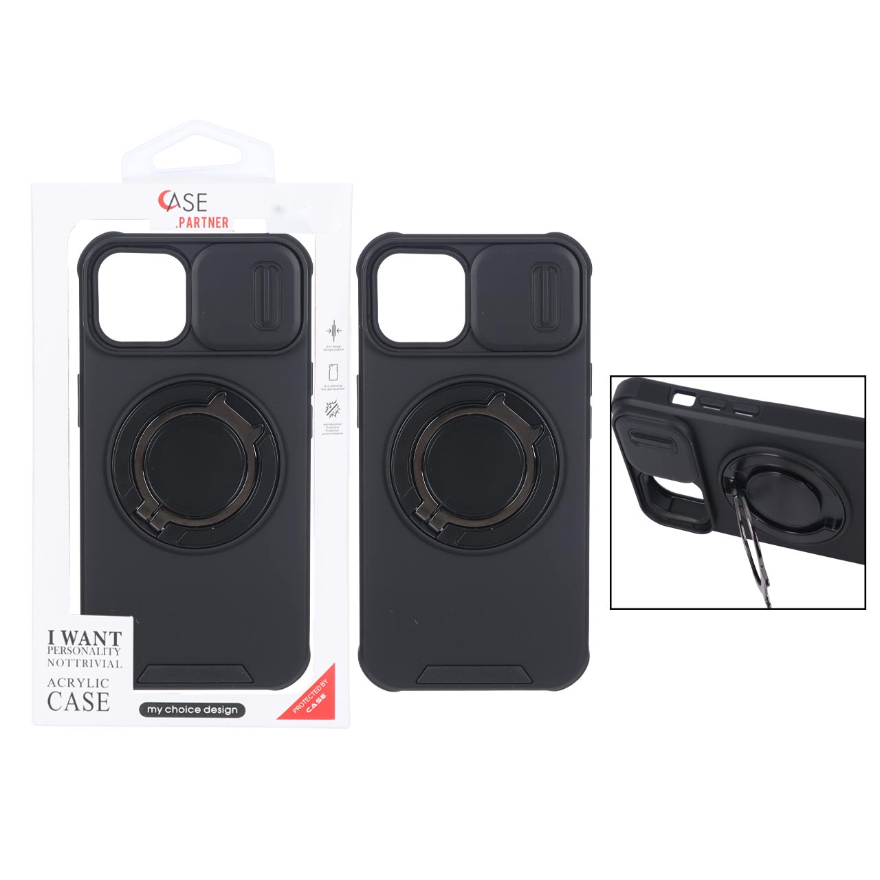 قاب اورجینال Partner Case لوپ استندشو محافظ لنز کشویی Apple iPhone 13 / iPhone 14 - مشکی (پک دار)