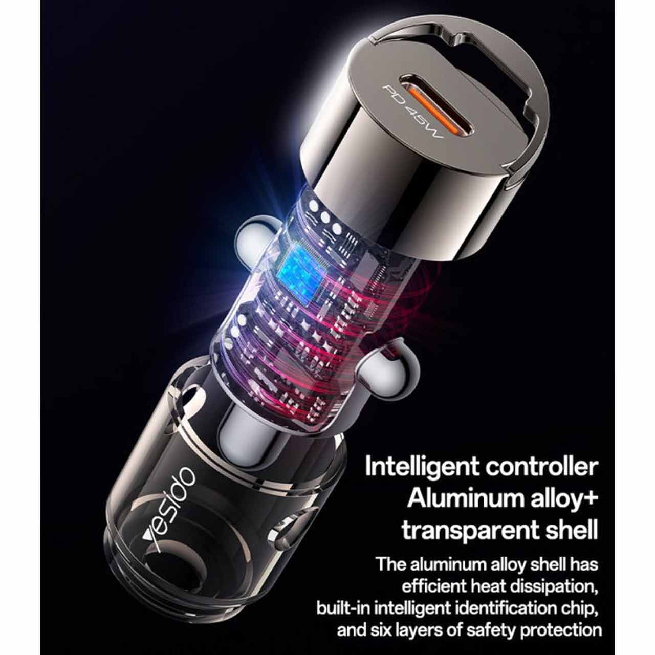 شارژر فندکی Yesido Y67 PD فست شارژ 45 وات تک پورت Type-C - مشکی