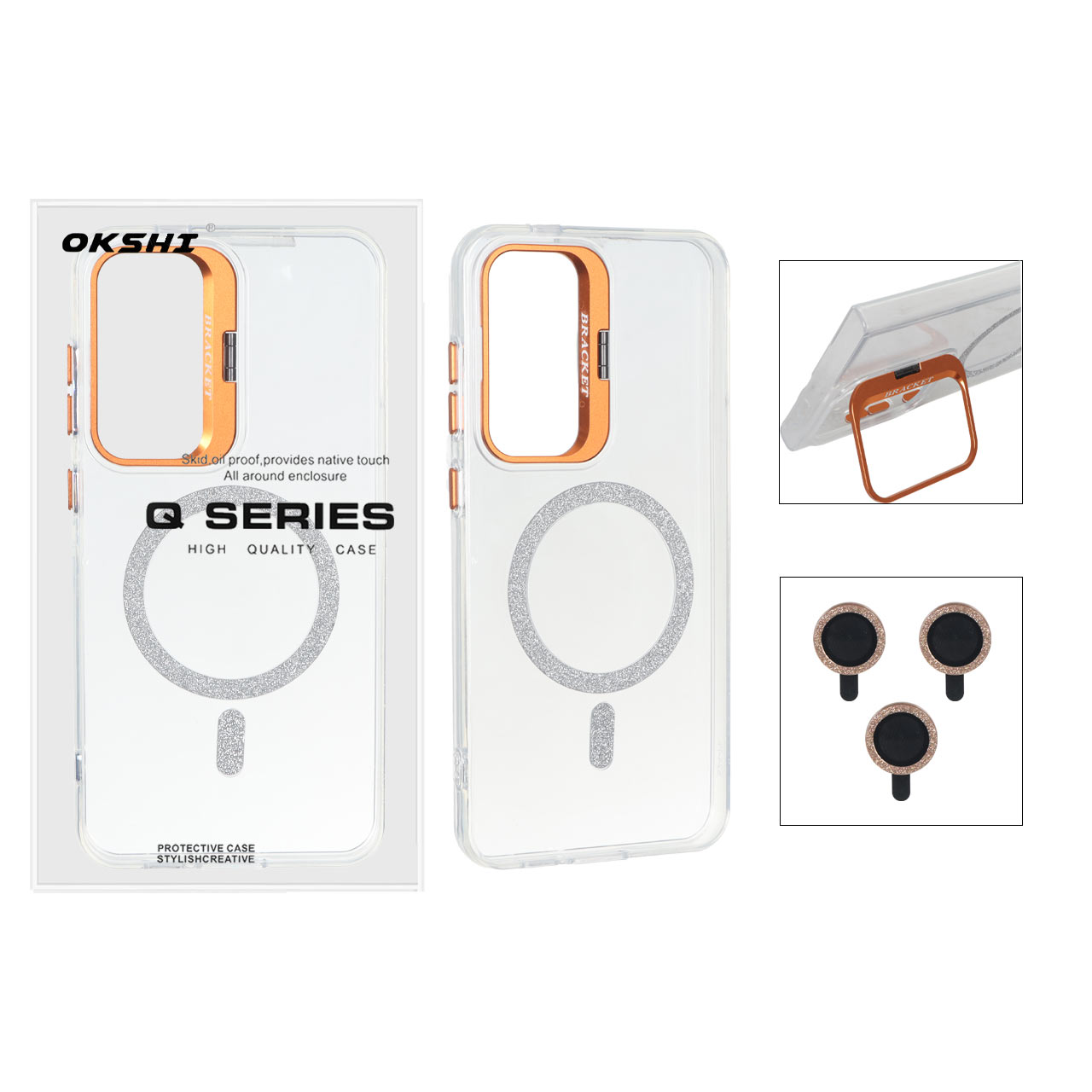 قاب Bracket شفاف Magsafe اکلیلی با ست محافظ لنز رینگی مناسب برای سامسونگ گلکسی S24 FE