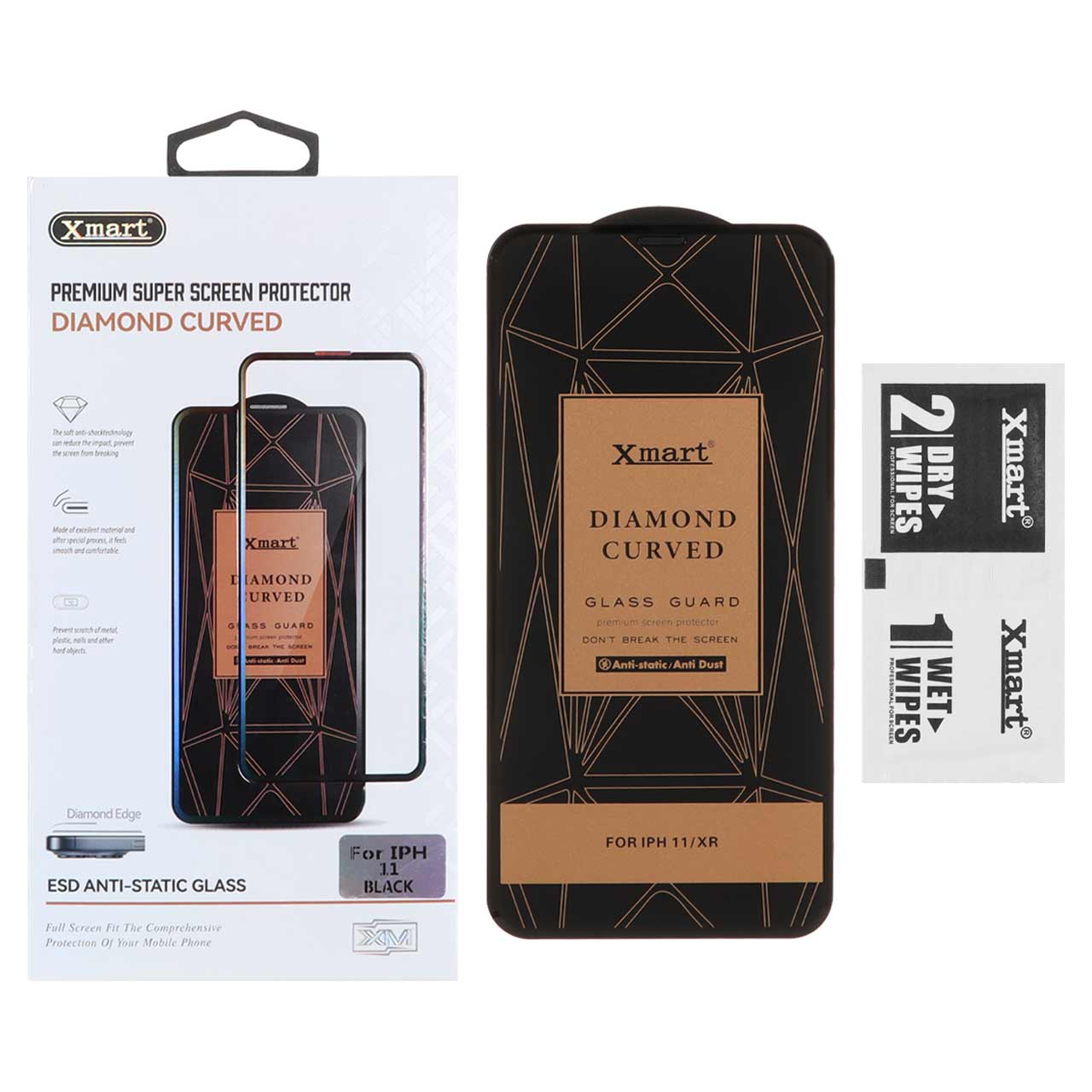 محافظ صفحه نمایش شیشه‌ای خمیده Xmart مدل Diamond Curved ESD Anti Static مناسب برای آیفون 11 و آیفون XR