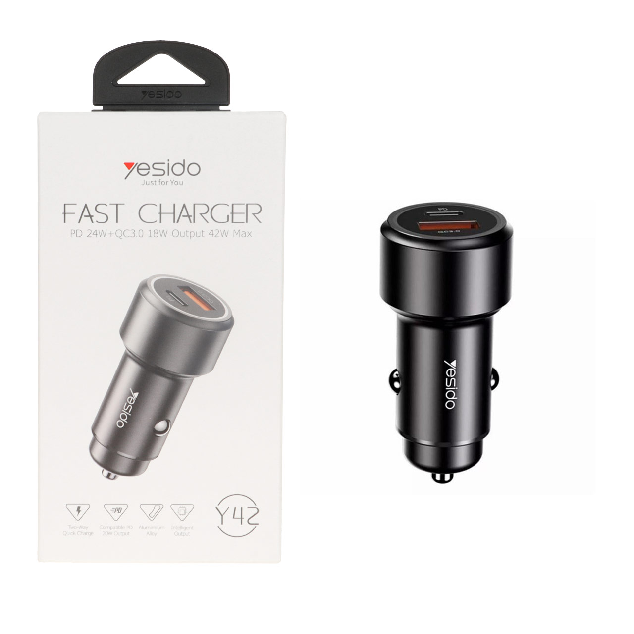 شارژر فندکی فست شارژ Yesido مدل Y42 با دو پورت PD و USB - توان 42 وات مشکی