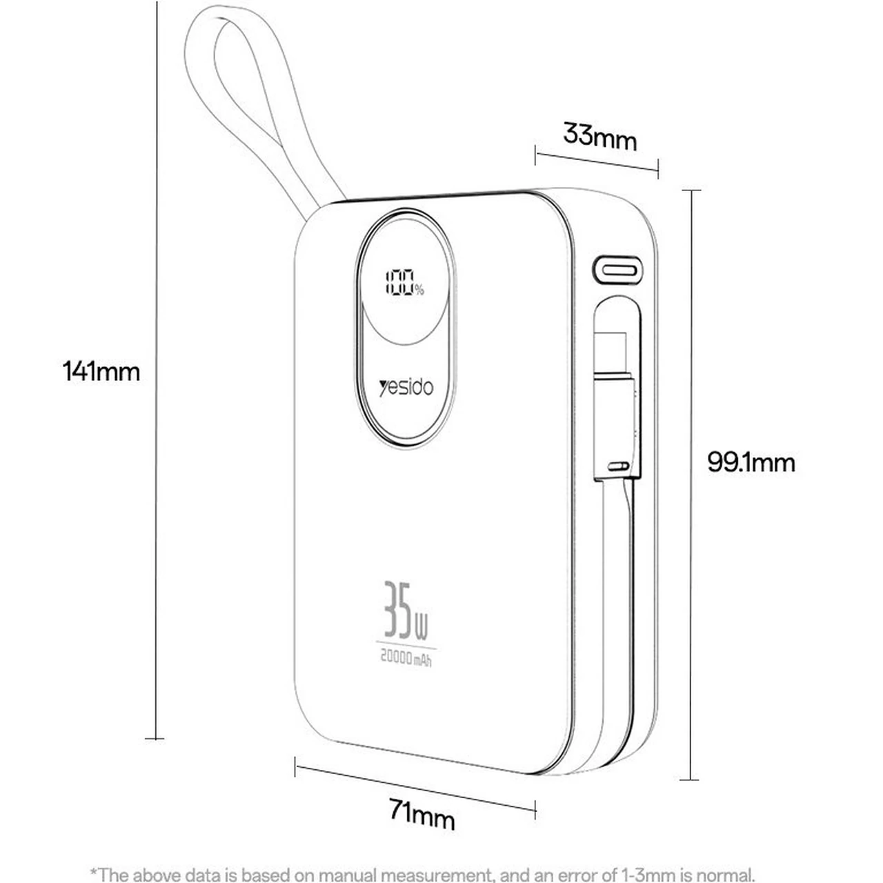 پاوربانک فست شارژ 35 وات Yesido YP94 با ظرفیت 20000mAh و کابل داخلی لایتنینگ و Type-C - رنگ مشکی