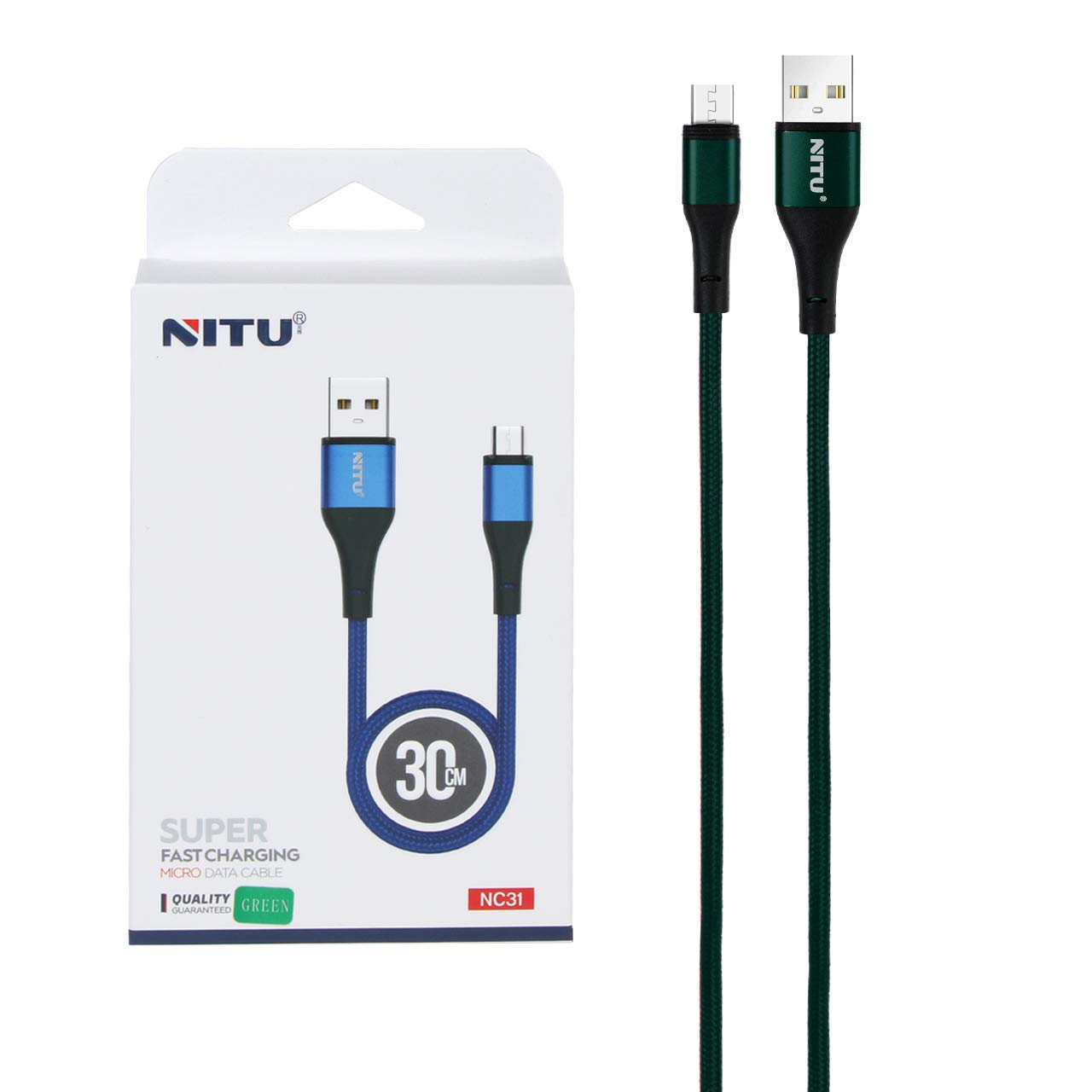کابل شارژ فست اندروید NITU مدل NC31 سبز 30 سانتی‌متری
