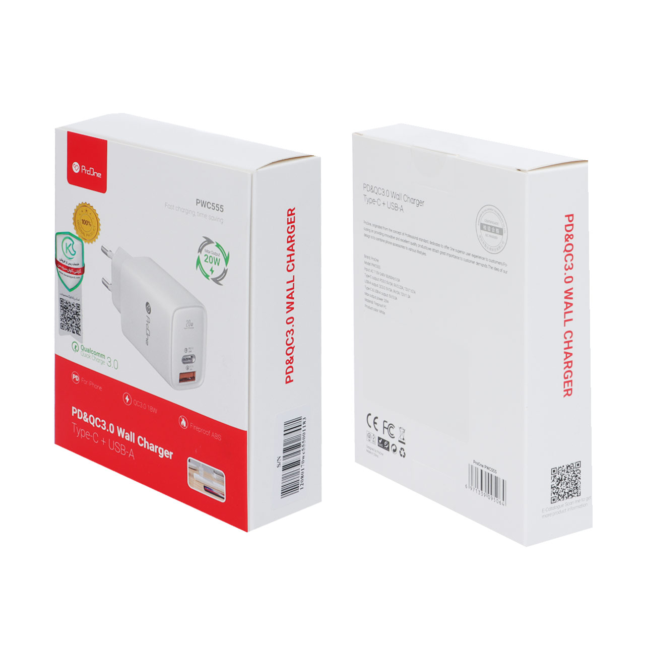 شارژر دیواری 20 وات فست و PD دو پورت ProOne مدل PWC555