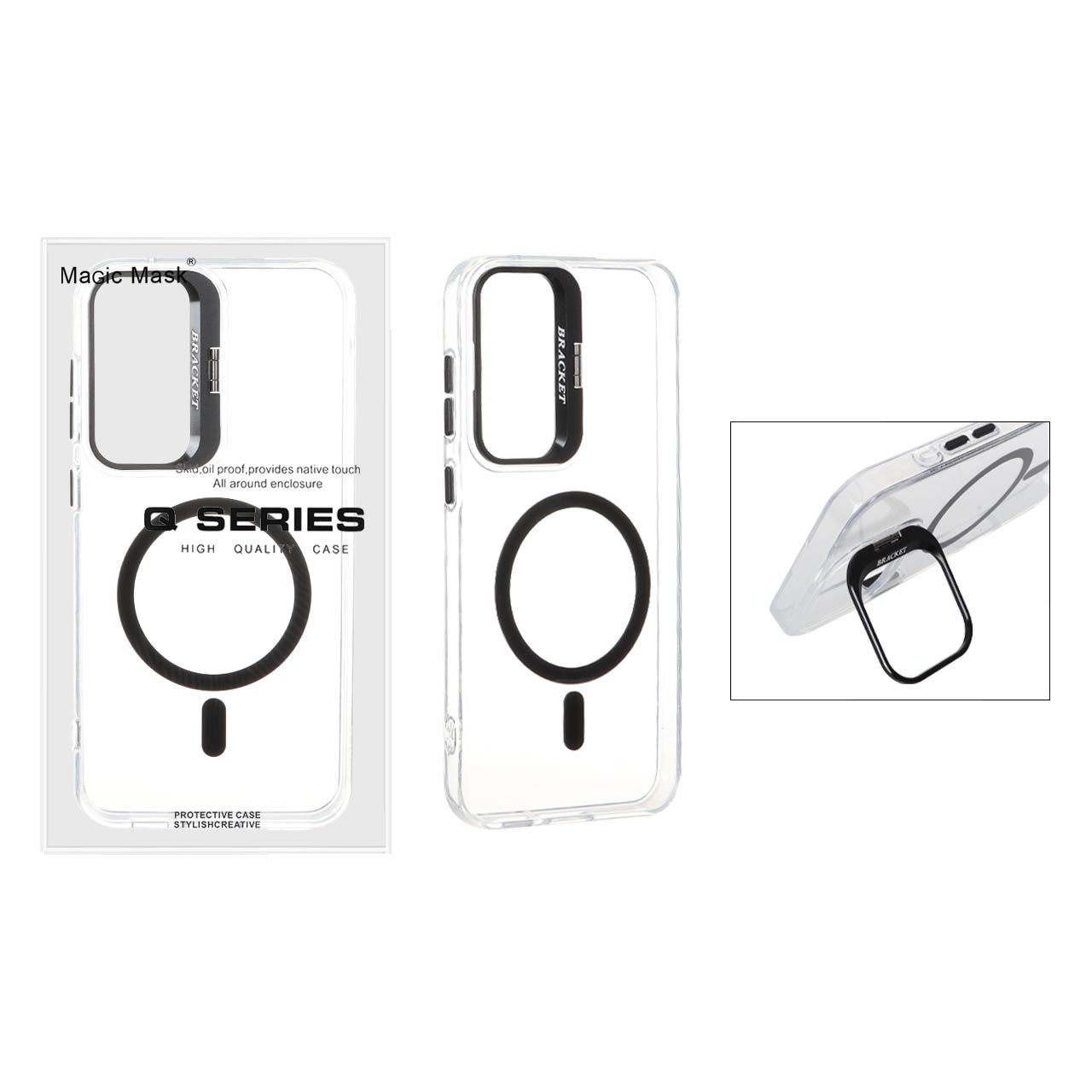 قاب کریستالی Q Series Bracket مگ‌سیف لنز استندشو مشکی مناسب برای سامسونگ گلکسی S23 FE