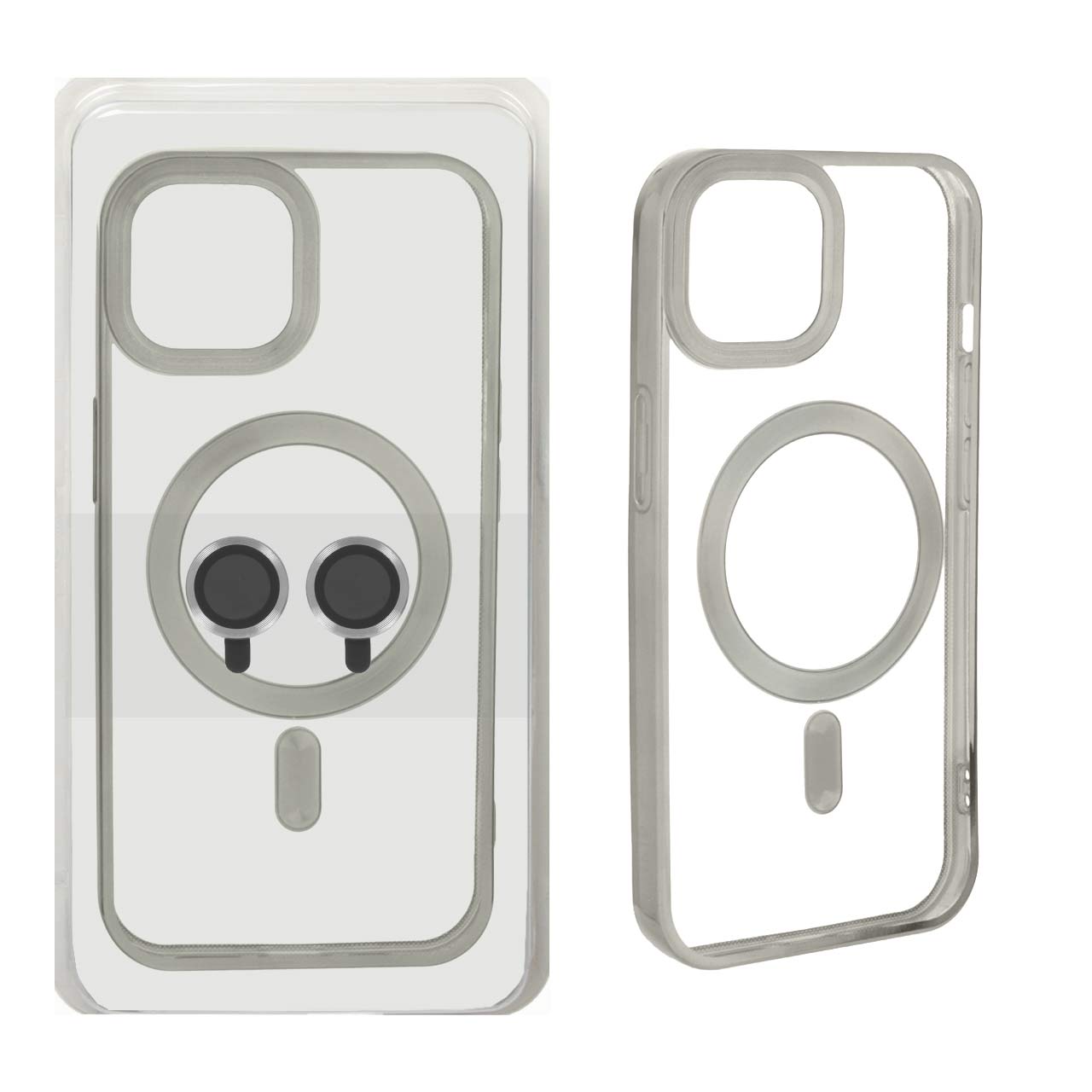 قاب اورجینال الکترواستاتیک MagSafe با ست محافظ لنز رینگی Apple iPhone 15 / iPhone 14 / iPhone 13 - نقره ای