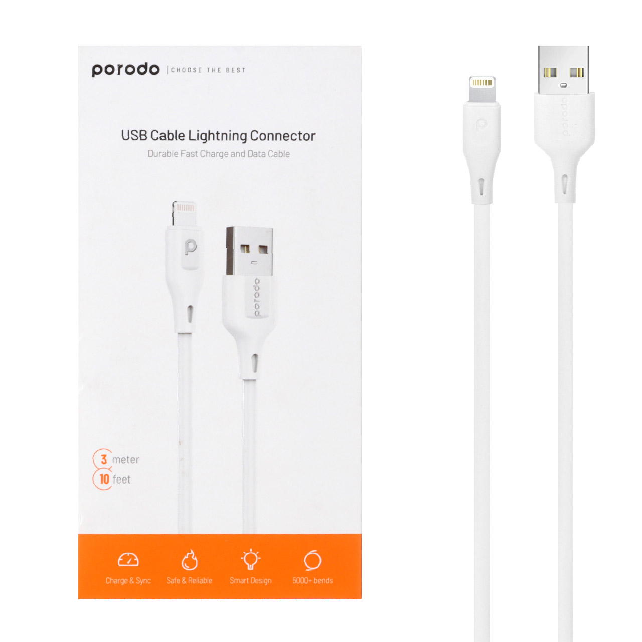 کابل شارژ فست 3 متری آیفون Porodo مدل PD-U3LC-WH