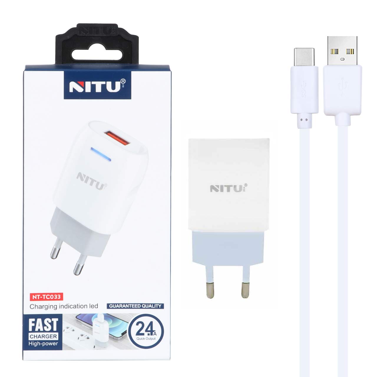 شارژر دیواری فست تک پورت Nitu مدل NT-TC033 به همراه کابل Type-C سفید