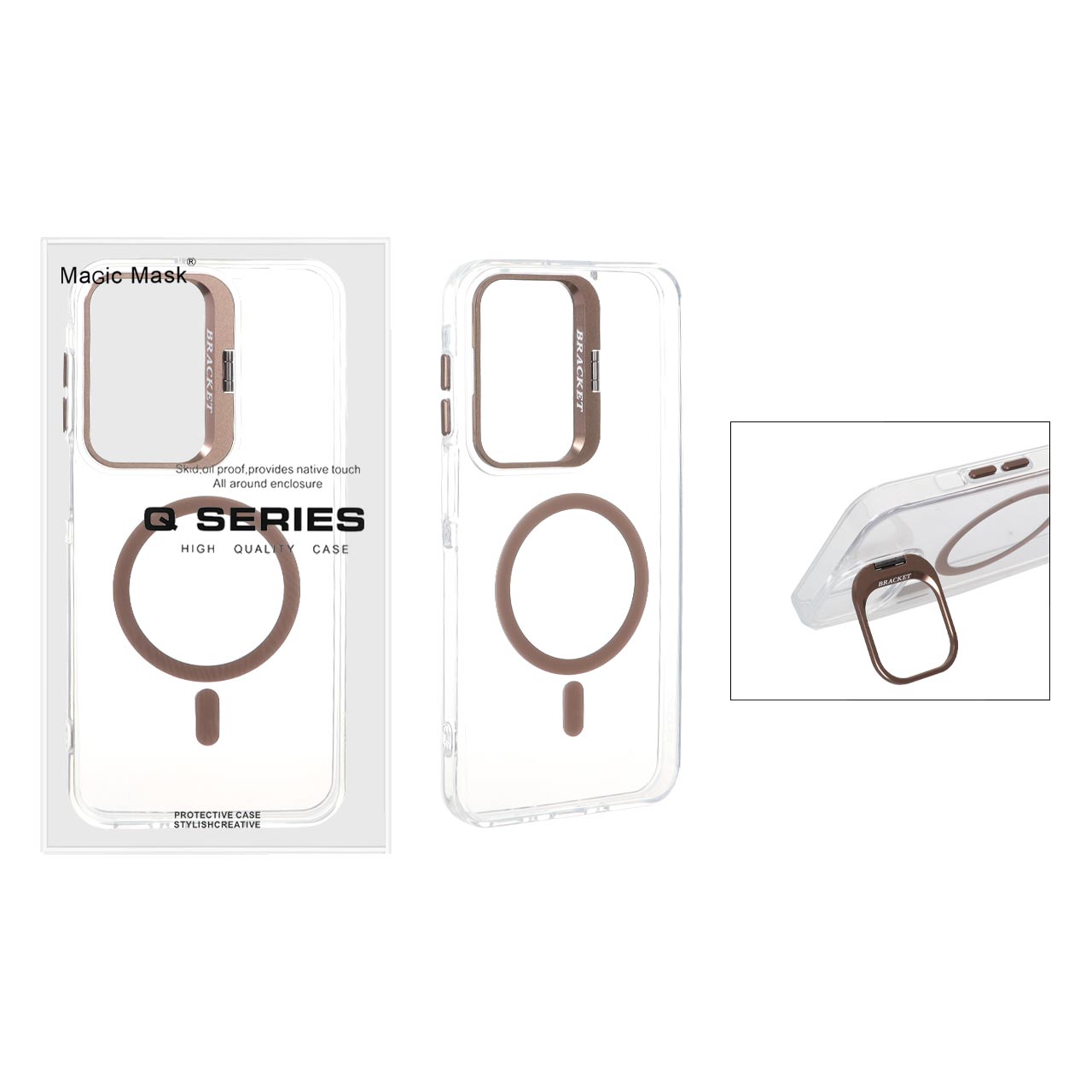 قاب کریستالی Q Series Bracket مگ سیف لنز استندشو قهوه‌ای مناسب برای سامسونگ گلکسی A17 / A16 / A26