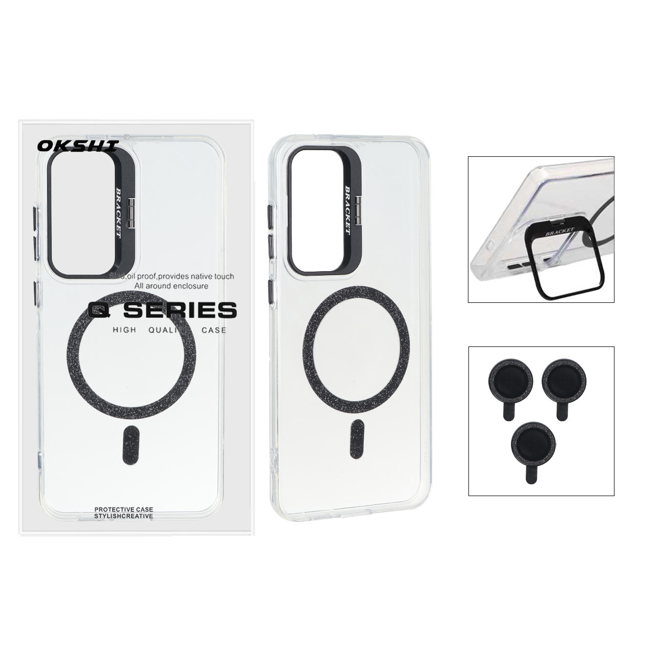 قاب Bracket شفاف Magsafe اکلیلی با ست محافظ لنز رینگی Samsung Galaxy S25 FE - مشکی (پک دار)