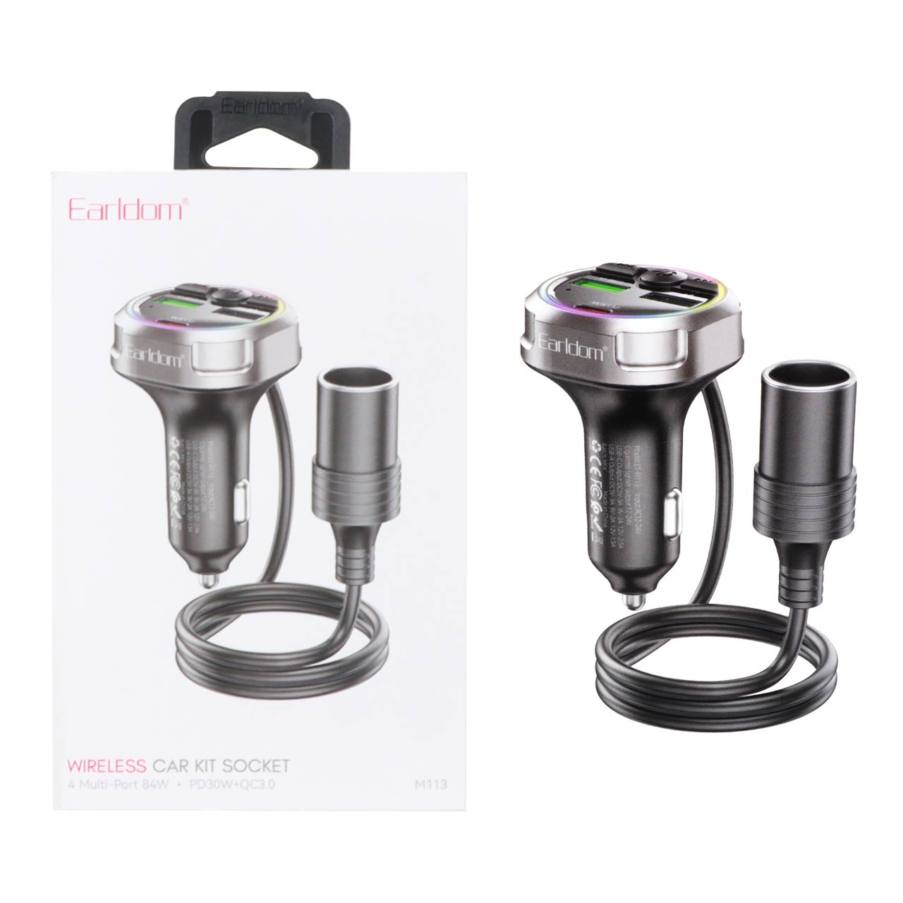 شارژر فندکی خودرو Earldom مدل M113 با سه پورت فست شارژ 84W و FM پلیر - مشکی