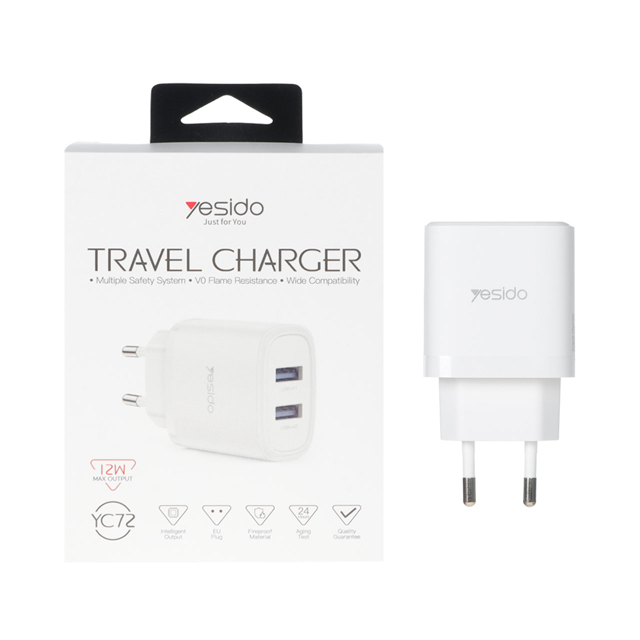 شارژر دیواری فست Yesido مدل YC72 با دو پورت USB و توان 12 وات - رنگ سفید