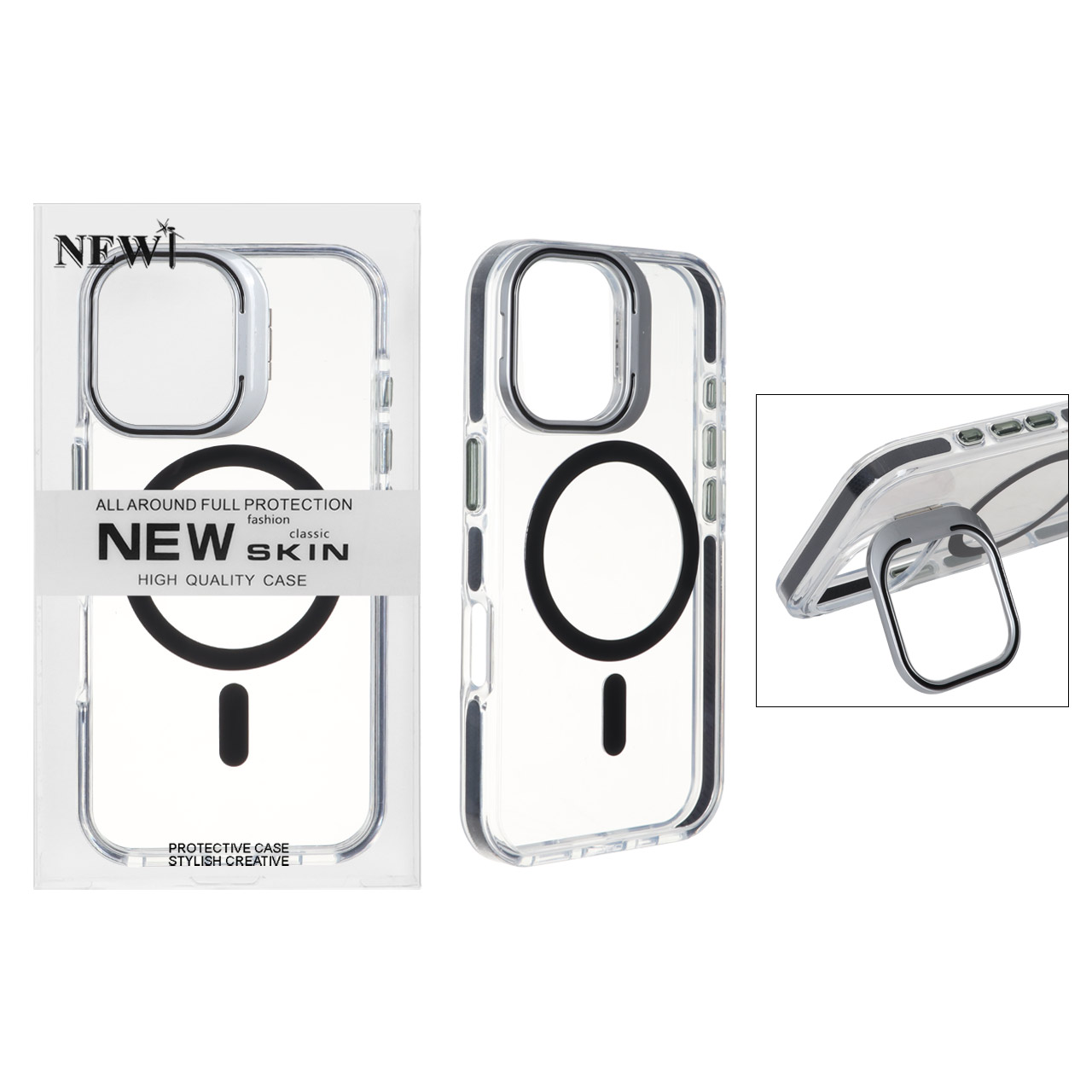 قاب اورجینال New Skin شفاف کریستالی MagSafe لنز استندشو مناسب برای آیفون 16