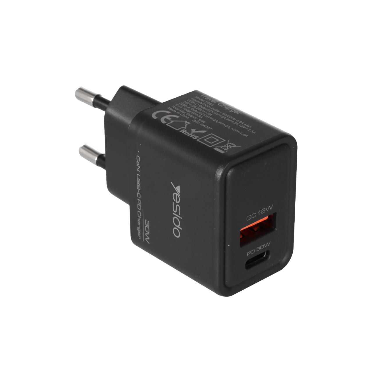 شارژر دیواری فست شارژ Yesido مدل YC64 30W مشکی با فناوری GaN و دو پورت
