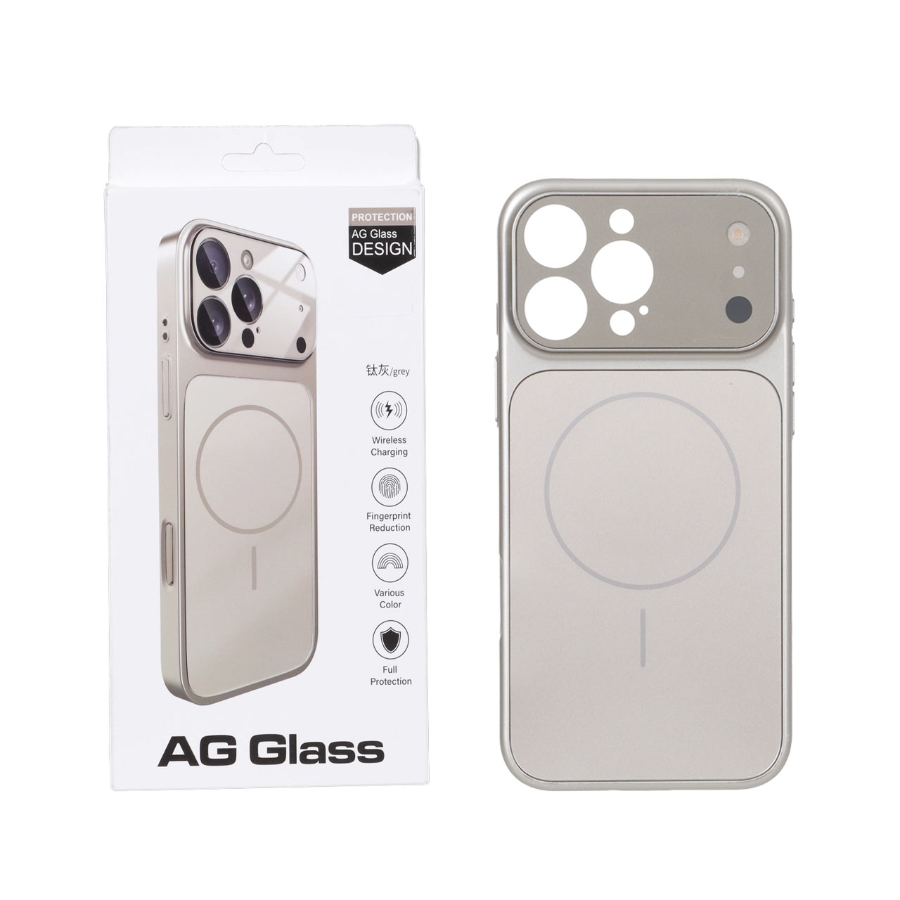 قاب طرح AG Glass مگ سیف با محافظ لنز شیشه ای برجسته مناسب برای آیفون 16 پرو مکس خاکستری