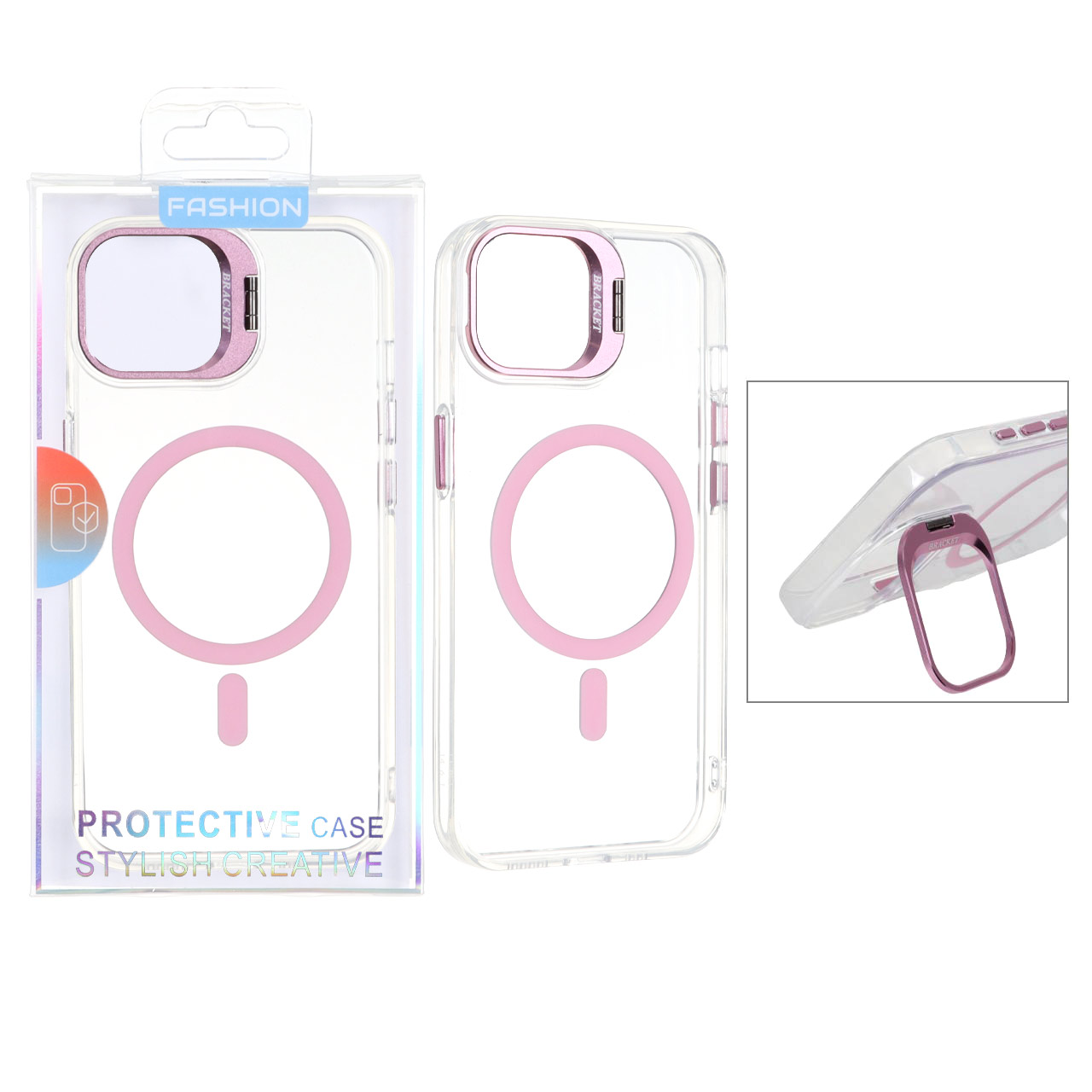 قاب کریستالی MagSafe طرح Bracket لنز استندشو صورتی مناسب برای آیفون 13 و آیفون 14