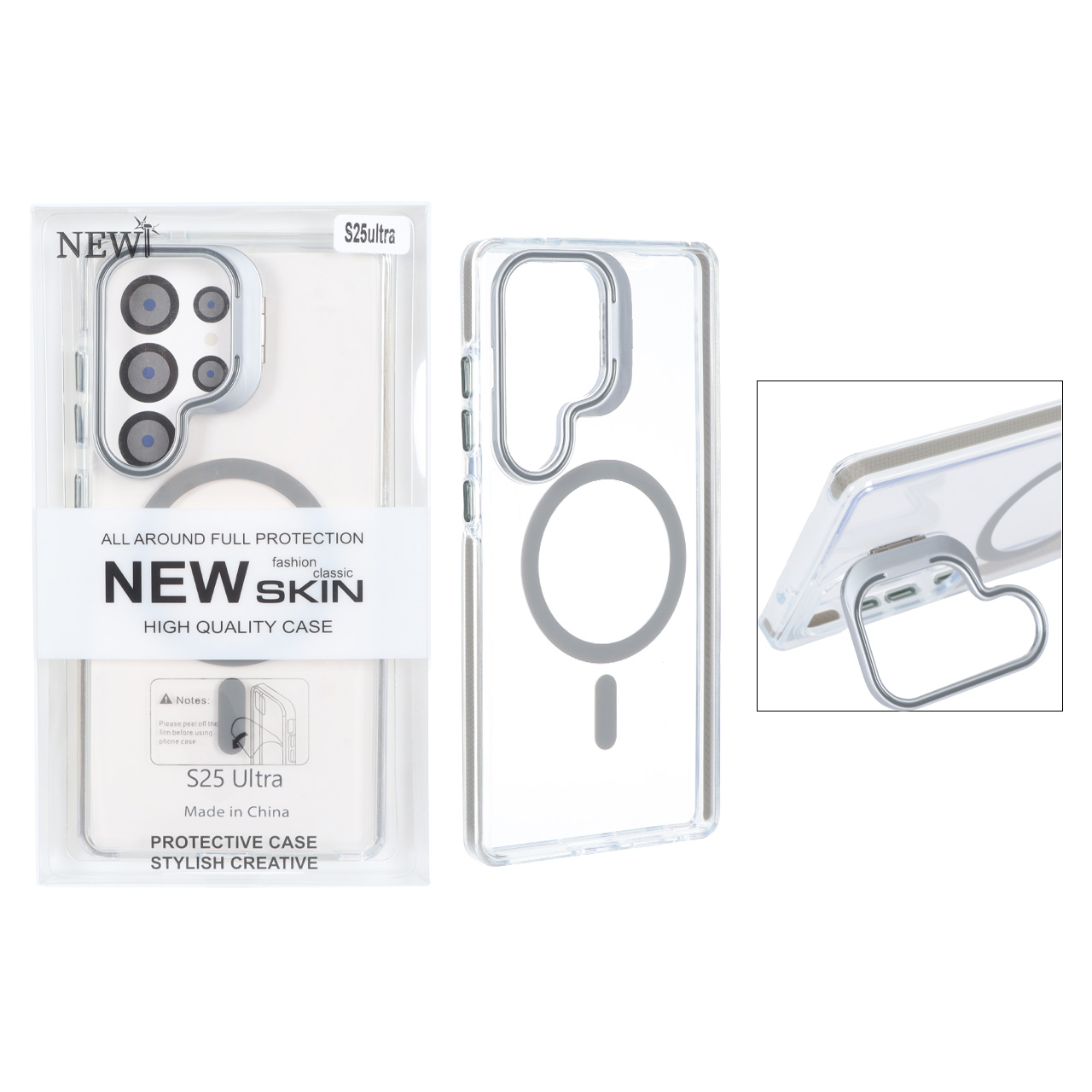 قاب اورجینال New Skin شفاف کریستالی MagSafe لنز استندشو Samsung Galaxy S25 Ultra - خاکستری (پک دار)