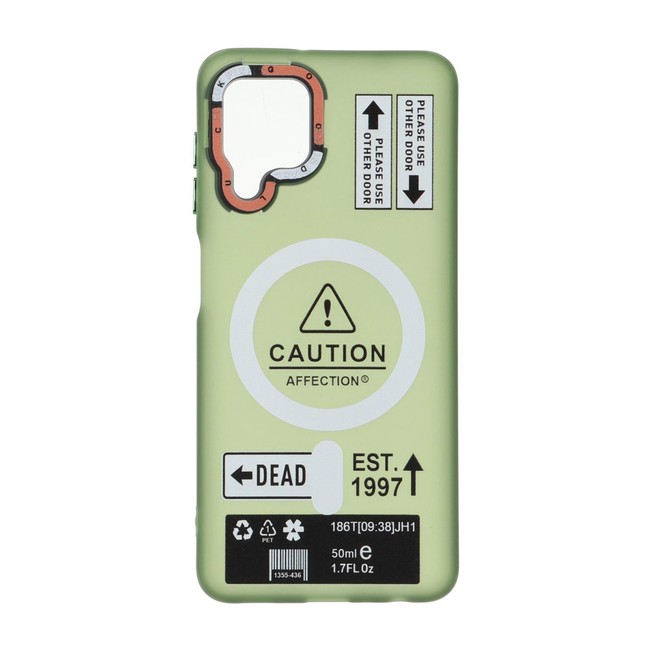 قاب مات طرح Caution مگ سیف دکمه متال سبز مناسب برای سامسونگ گلکسی A22 4G، M22، M32 4G و F22