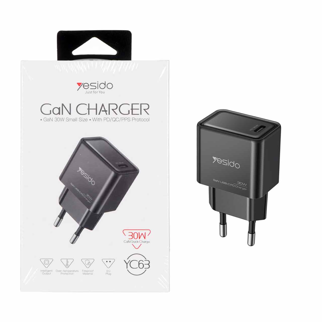 شارژر دیواری فست شارژ Yesido مدل YC63 با فناوری GaN و توان 30 وات مشکی